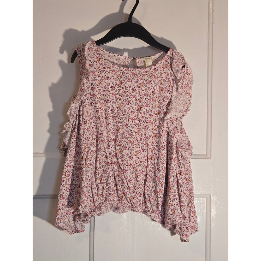 Forever 21 Womens Floral Cold Shoulder Ruffle Blouse Pink Yellow Ditsy Small